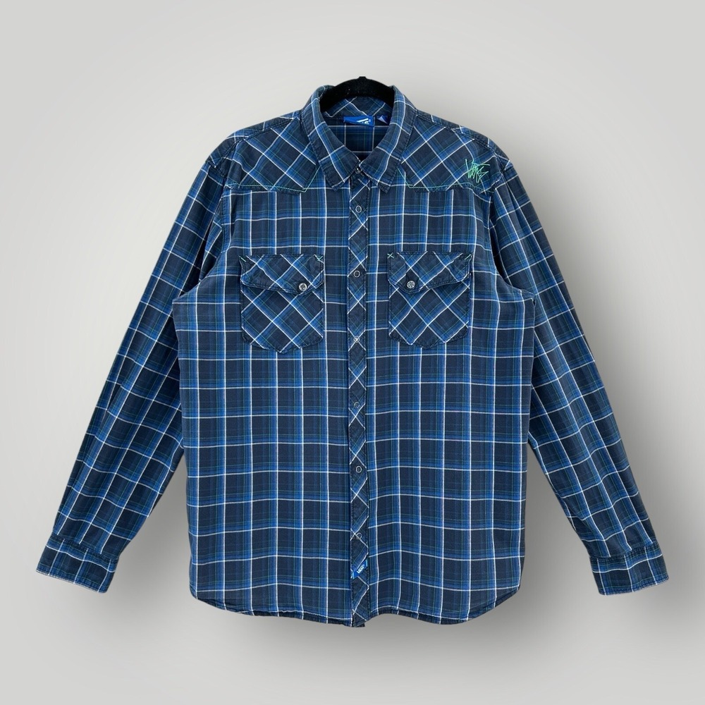 VANS Plaid Western Shirt Mens L Cotton Blue Plaid Snap Flap Pockets Embroidered